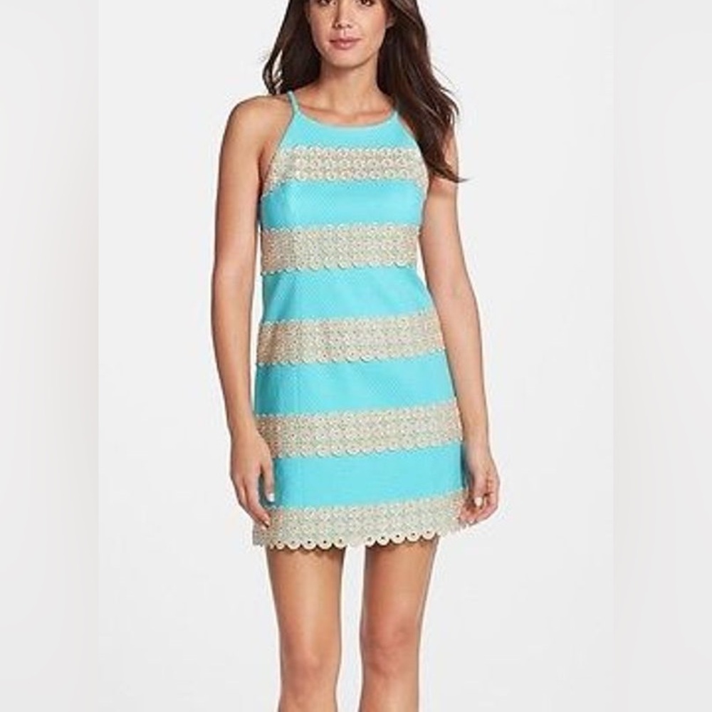 New Lilly Pulitzer Annabelle Shift Dress Shorely Blue Gold Lace Stripe Size 4
